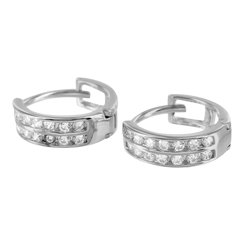 2 Row Lab Diamond White Gold Finish 925 Silver Hoop Earrings