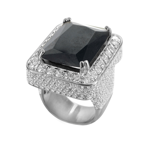 Black Onyx Solitaire Gemstone CZ White Gold Finish Sterling Silver Ring