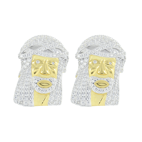 Gold Jesus Face Earrings Screw Back 14K Over 925 Silver