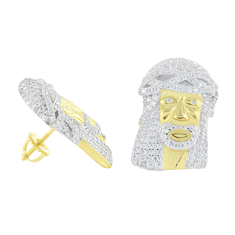 Gold Jesus Face Earrings Screw Back 14K Over 925 Silver2