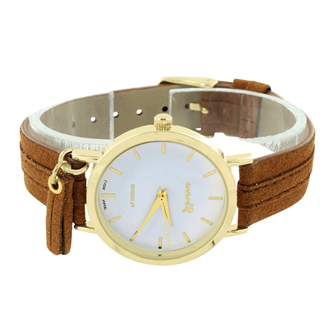 Gold Tone Watch White Dial Brown Suede Strap Water Resistant Round Face 35 MM