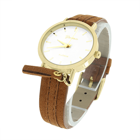 Gold Tone Watch White Dial Brown Suede Strap Water Resistant Round Face 35 MM2