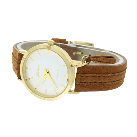 Gold Tone Watch White Dial Brown Suede Strap Water Resistant Round Face 35 MM3