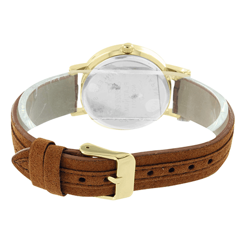 Gold Tone Watch White Dial Brown Suede Strap Water Resistant Round Face 35 MM4