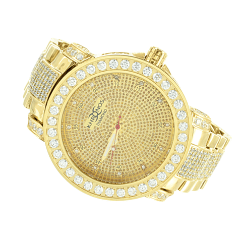 Mens Hot Khronos Custom Diamond Gold Finish Iced Band Watch