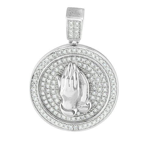 Praying Hands Medallion Pendant White Gold Finish2