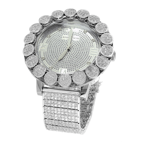 White Gold Finish Khronos Diamond Watch With Cluster Bezel & Iced Metal Band2