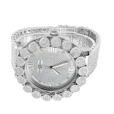 White Gold Finish Khronos Diamond Watch With Cluster Bezel & Iced Metal Band3