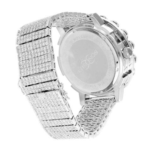 White Gold Finish Khronos Diamond Watch With Cluster Bezel & Iced Metal Band4