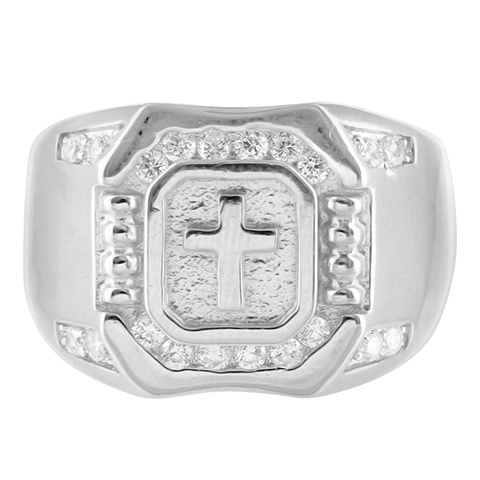 White Gold Finish Lab Diamond Channel Cross Mens Signet .925 Silver Ring3